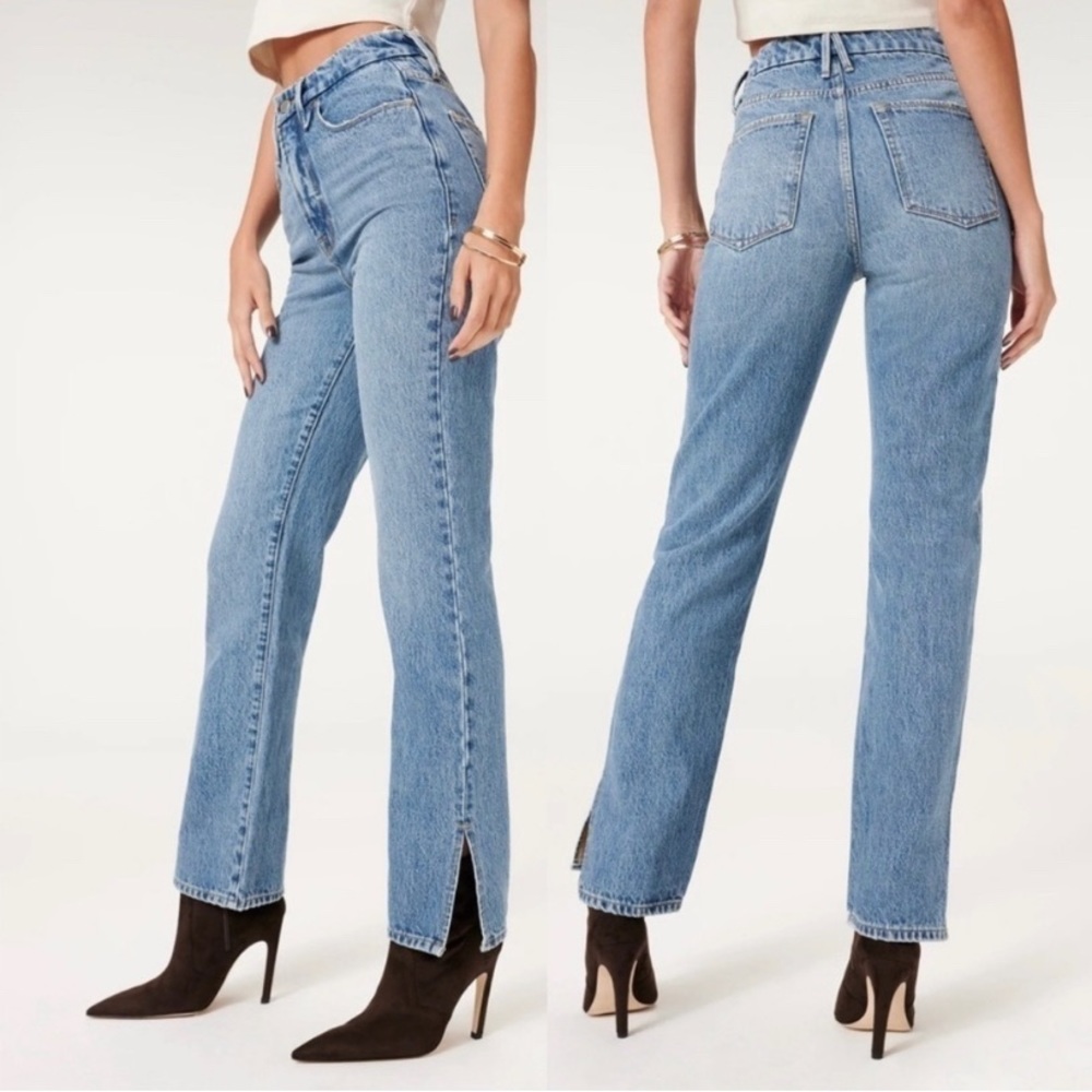 Good American Good Boy Boyfriend Straight Leg Slit High Waisted Jeans Sz 16